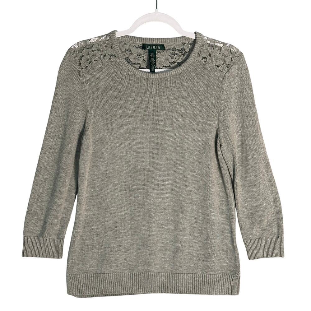 Lauren Ralph Lauren Sz L Lace Neck Pullover Crewneck Sweater Slits Neutral Modal